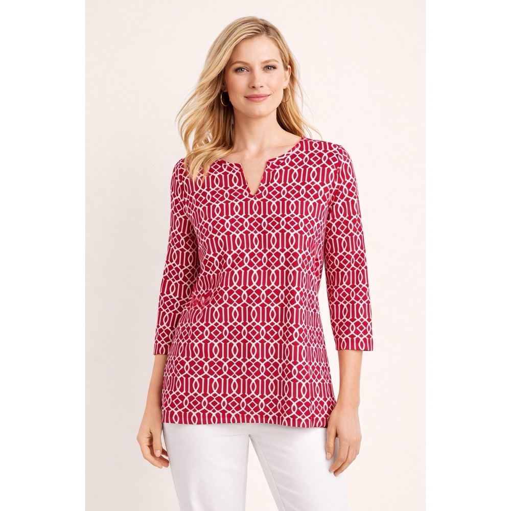 Talbots Top Women M Red White Geometric Split Neck 3/4 Sleeve Preppy Classic